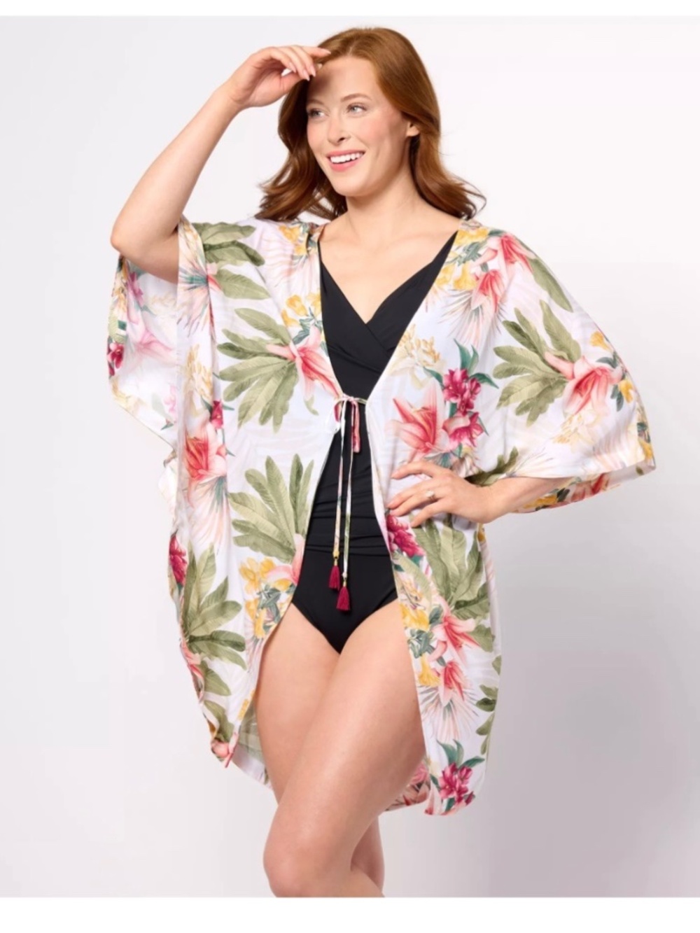 Jantzen Printed Woven Curved Hem Tie-Front CoverUp. Sz L.